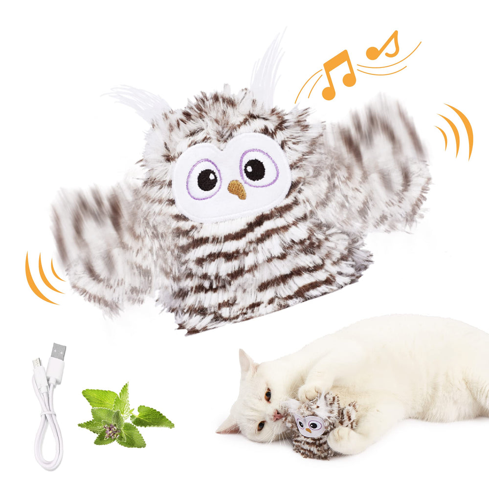 Kimee interactive owl toy front view shows chirping motion for indoor cat entertainment.