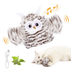 Kimee interactive owl toy front view shows chirping motion for indoor cat entertainment.