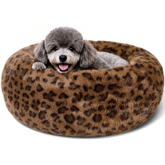 Kimpets dog bed round leopard 20in front view shows cozy lounging warmth.