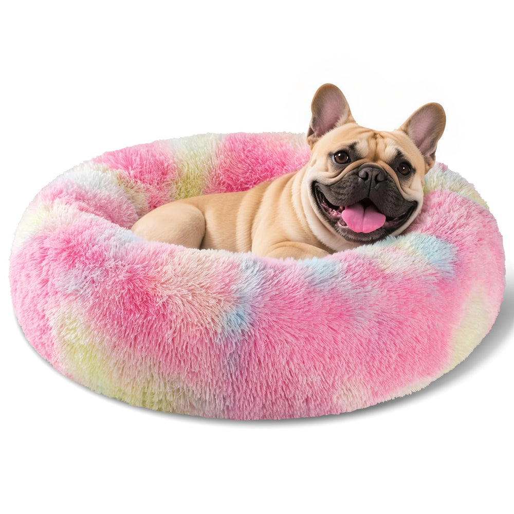 Kimpets round donut dog bed top view showing plush faux fur for cozy naps