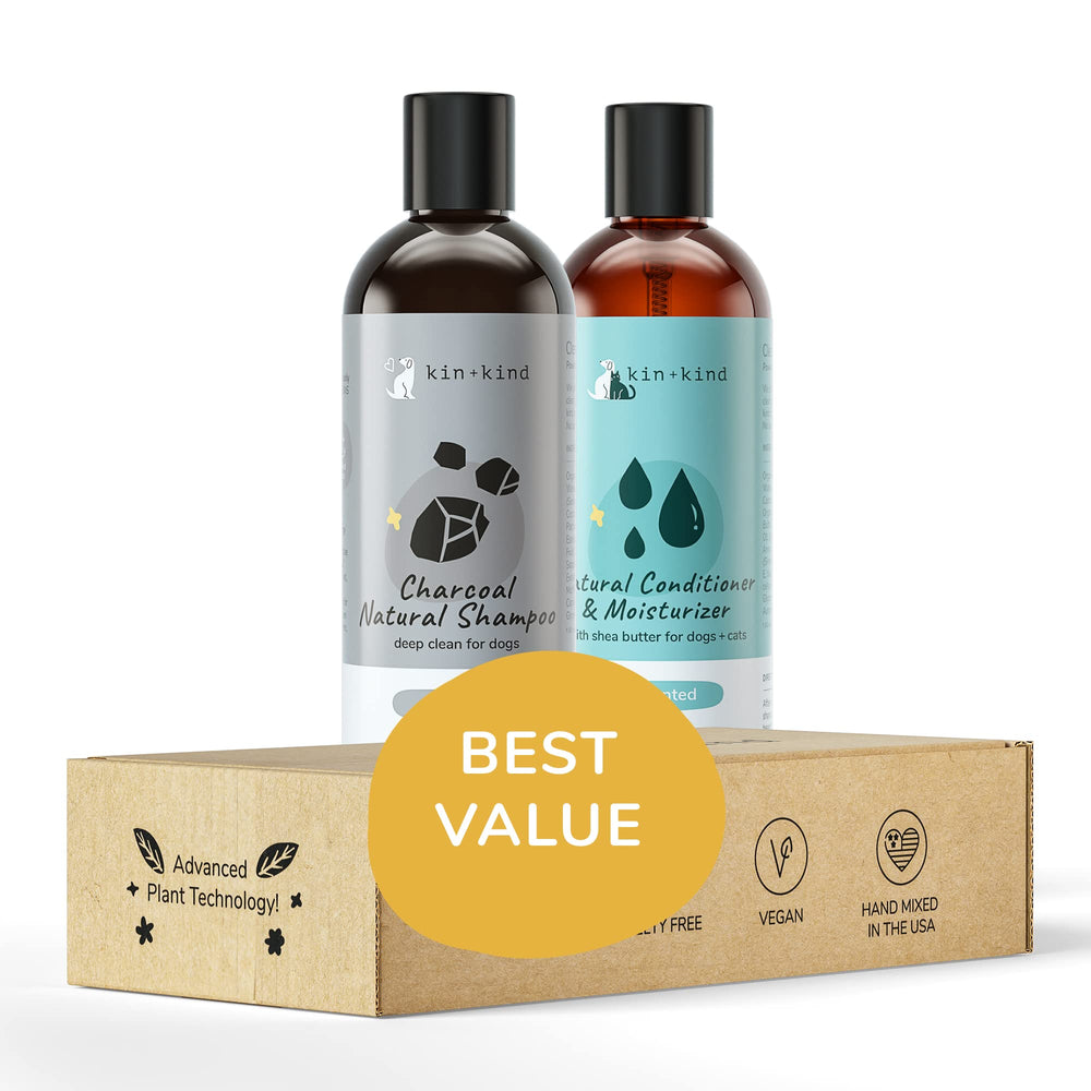 Kin+Kind charcoal shampoo bottle close-up for odor control and gentle cleansing