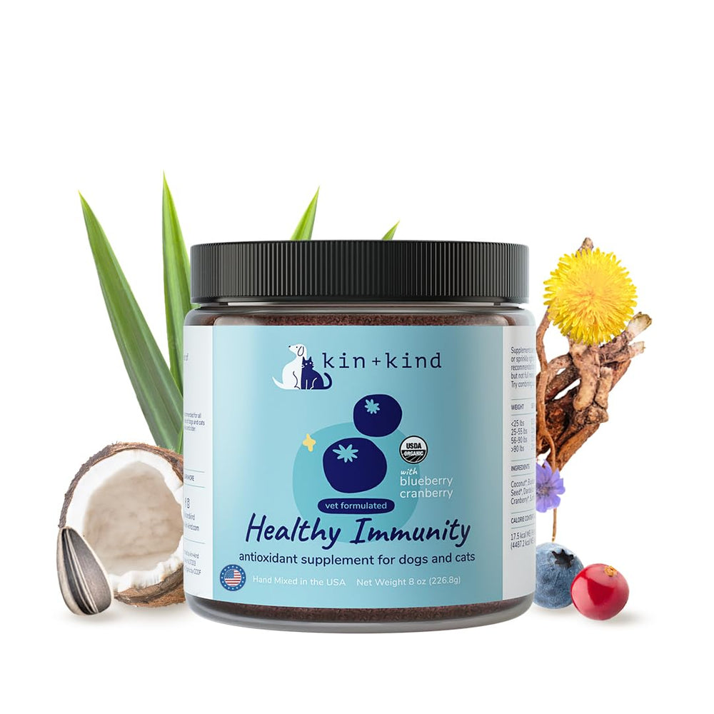 kin+kind immune supplement dog bottle demonstrates daily vitality support