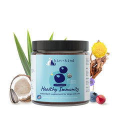 kin+kind immune supplement dog bottle demonstrates daily vitality support