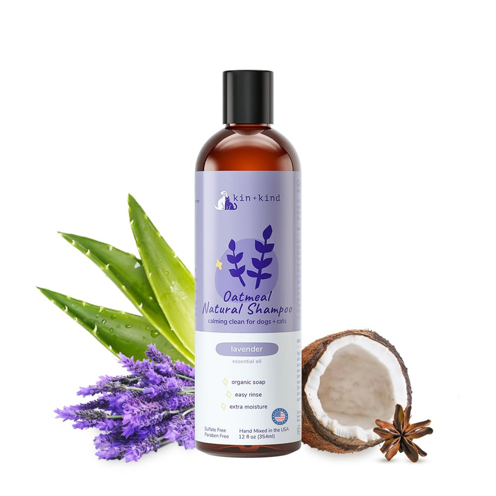 kin-kind oatmeal shampoo bottle with lavender calming bath time and soft fur.