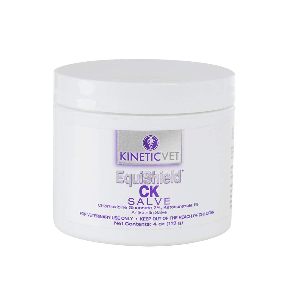 Close-up of Kinetic Vet EquiShield CK Salve 4OZ jar for easy coat care.