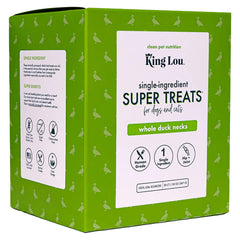 King Lou Duck Neck packaging highlights USA-made, single-ingredient treats for dogs and cats.