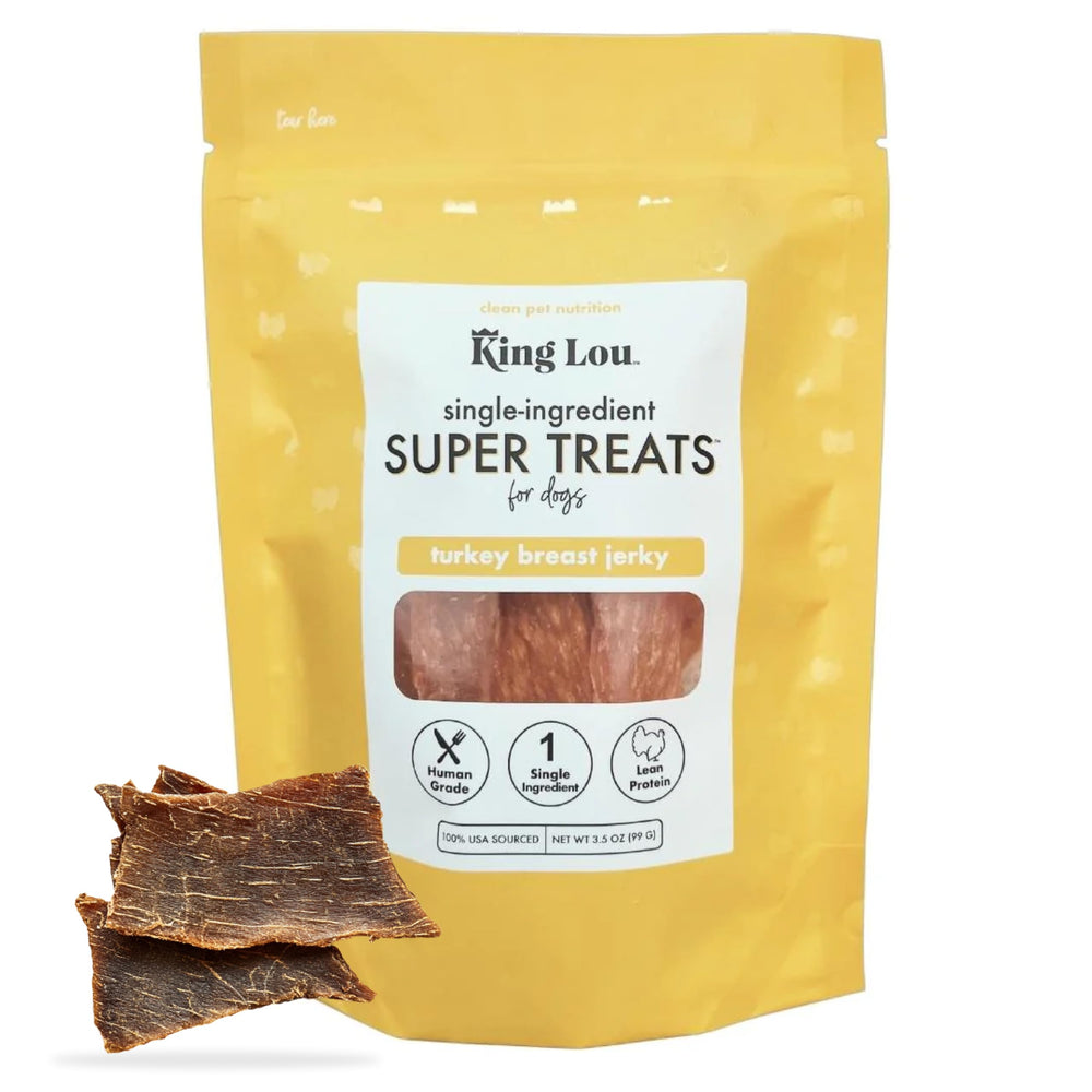 King Lou Pets turkey jerky pack shot shows lean protein snack for dogs