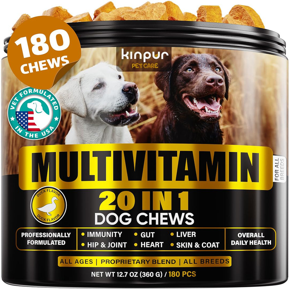 Kinpur Dog Multivitamin front packaging highlights a 20-in-1 formula for overall canine wellness.