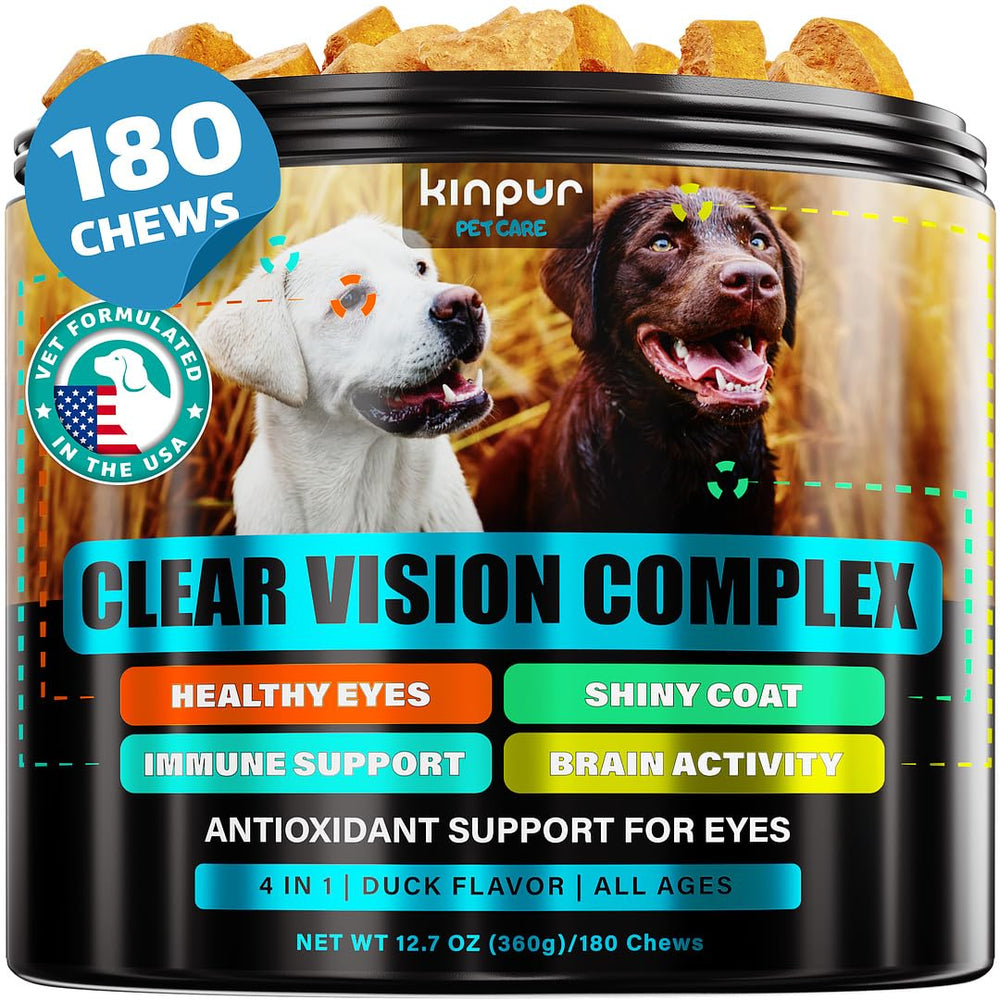 Kinpur Eye Vitamins bottle on counter supports everyday dog eye health and routine care.