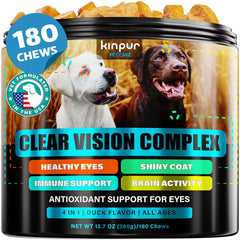 Kinpur Eye Vitamins bottle on counter supports everyday dog eye health and routine care.