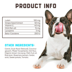 Kinpur Eye Vitamins dog eating chews demonstrates easy daily use for tear stain relief.