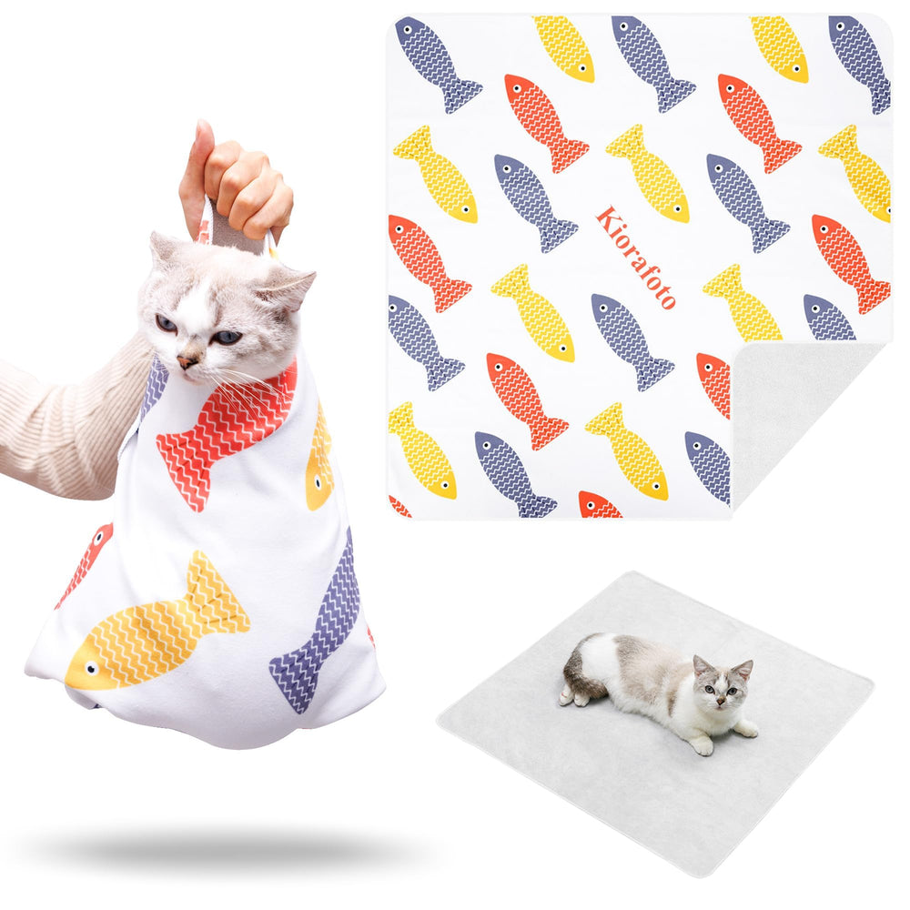 Kiorafoto 27.5-inch cat grooming wrap with self-adhesive closure for secure wrapping.
