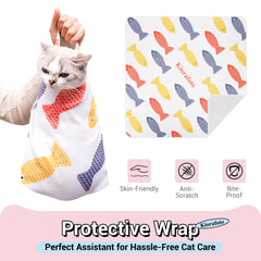 Kiorafoto cat swaddling wrap used during grooming for calm, controlled sessions.