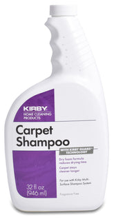 Kirby carpet shampoo bottle front for pet-safe, residue-free cleaning.