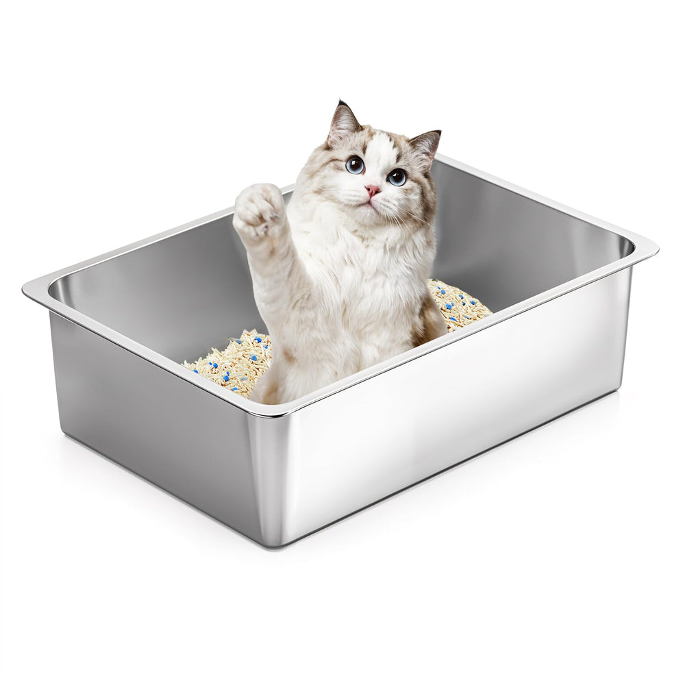 Kirecoo stainless-steel cat litter box open-top design for easy entry and quick cleanups.
