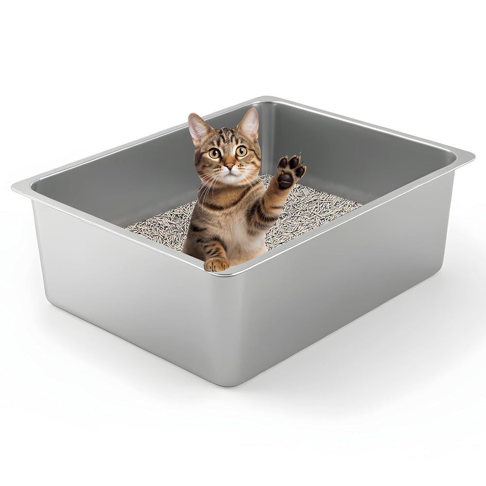 Kirecoo stainless steel cat litter box with open top supports easy entry.