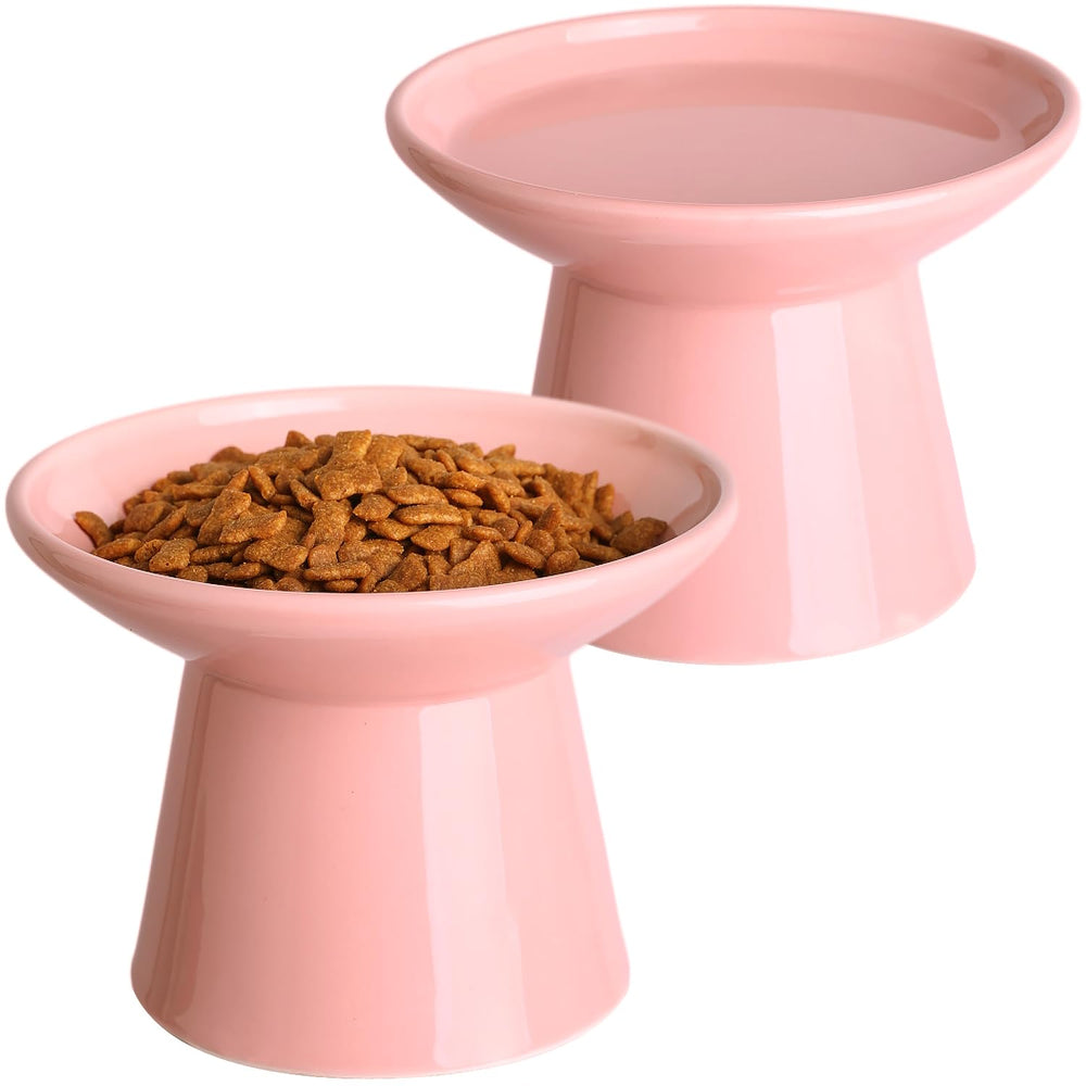 KITCHENLESTAR elevated cat bowls pink front view, whisker-friendly and easy for larger cats to eat.