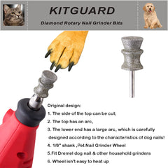 KitGuard Diamond Dremel bits with 1/8 shank fit standard rotary tools for easy pet nail care.