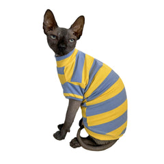 Kitipcoo Sphynx shirt blue-yellow side view with easy slip-on design