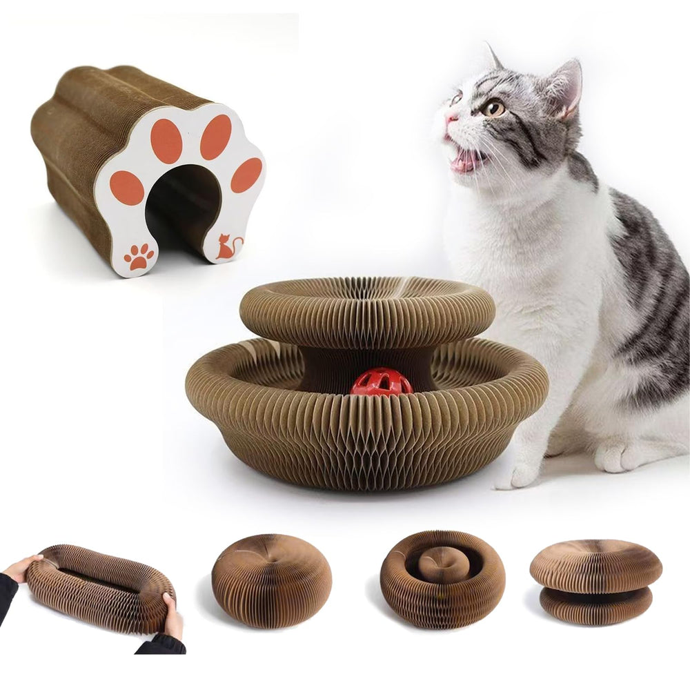 Kitty Kurlz foldable scratcher toy demonstrates compact storage and quick setup.