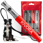 KIVORA dog whistle 4-pack in red, black, and white for versatile bark control.