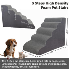 KIWIWOOF 5-step pet stairs gray side view for bedside use.