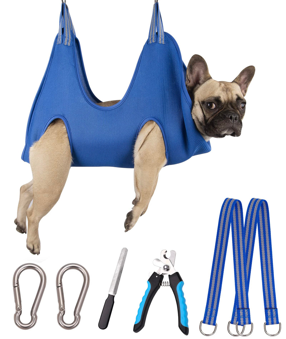 Kkiimatt dog grooming hammock harness setup shows secure, tear-resistant design for stress-free grooming.