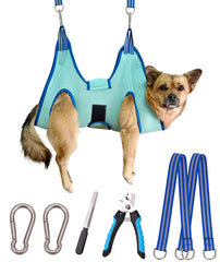 Kkiimatt dog grooming hammock setup for easy at-home nail care.