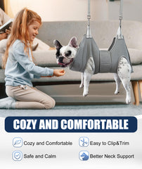 Kkiimatt dog grooming hammock wide-strap restraint in action provides escape prevention.