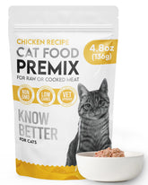 Know Better Pet Food chicken premix bowl shows grain-free formula for homemade cat meals
