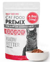 Know Better Pet Food raw cat premix beef bowl for grain-free protein.