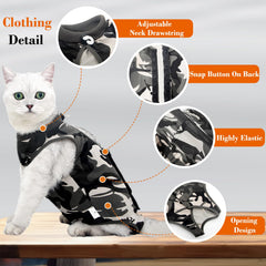 Kodervo cat recovery suit closeup of adjustable neck elastic for secure fit.