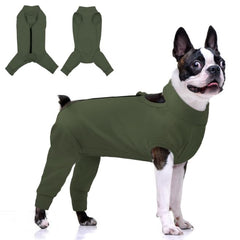 KOESON dog recovery suit front view with hind leg coverage for post-op comfort.