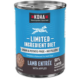 KOHA lamb entrée can-pack displaying 12 cans, grain-free dinner option for sensitive stomachs.