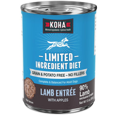 KOHA lamb entrée can-pack displaying 12 cans, grain-free dinner option for sensitive stomachs.