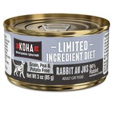 KOHA Limited Ingredient Rabbit Pate Pack shows simple ingredients for sensitive stomachs.