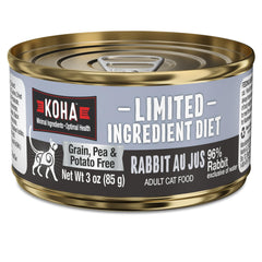 KOHA Limited Ingredient Rabbit Pate Pack shows simple ingredients for sensitive stomachs.