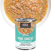 KOHA Pure Shreds Duck Entrée can close-up showing high-protein duck for active dogs