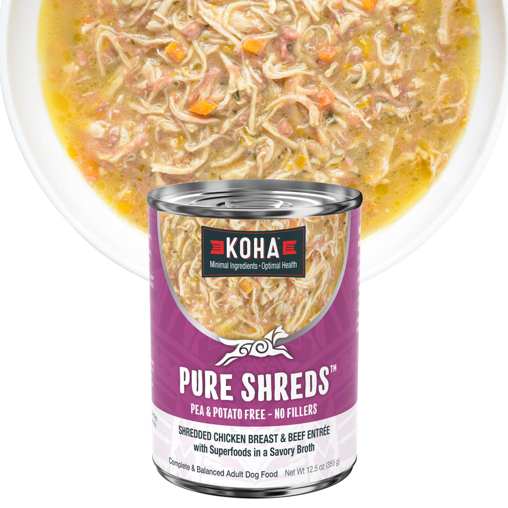 KOHA Pure Shreds pack shot showing 12 cans for easy meals