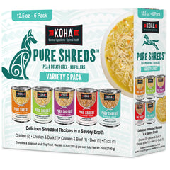KOHA Pure Shreds variety pack beef cans deliver high-protein meals for picky dogs.
