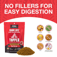 KOHA Raw Life beef topper with probiotics supports digestion-friendly meals.