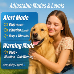 Kollgux dog bark collar modes illustration — Beep, Vibration, Beep+Vibration, static correction.