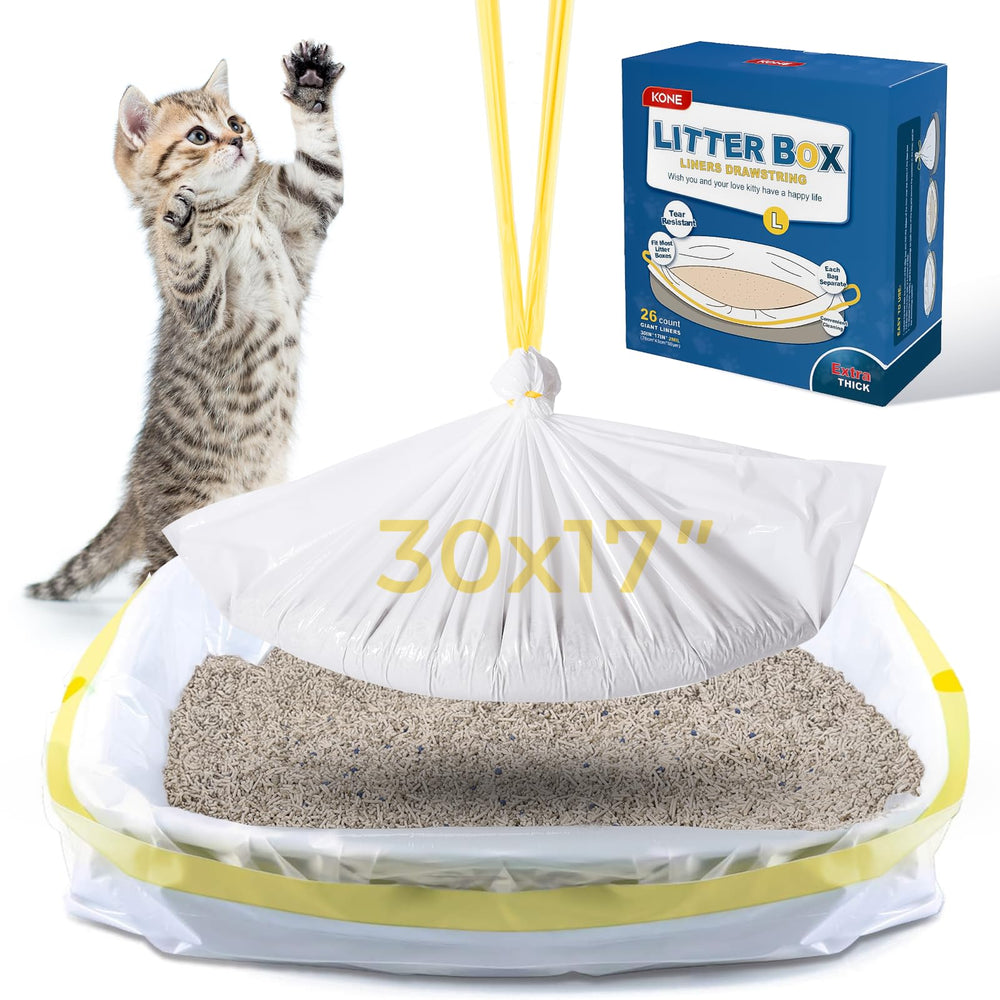KONE cat litter box liners in durable bags for 30x17-inch boxes and easy disposal.