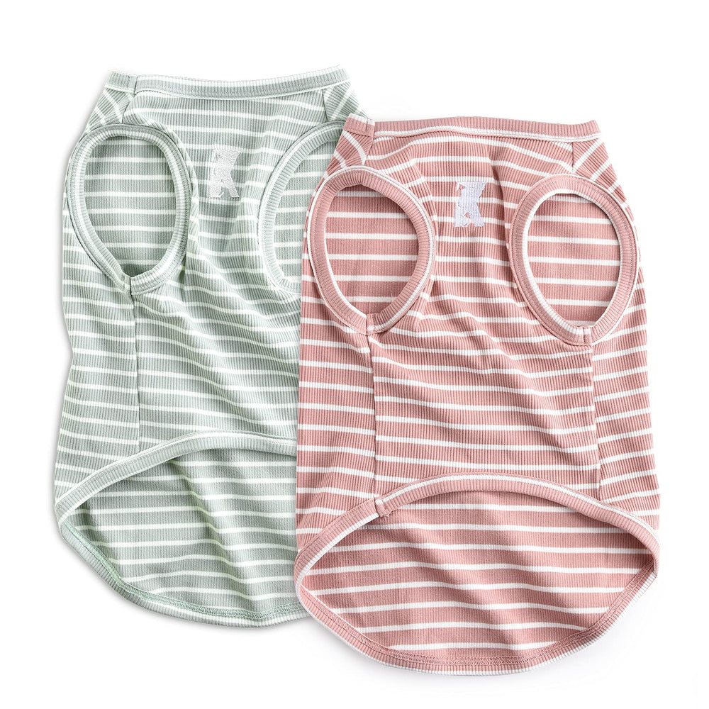Koneseve dog shirt vest pink stripe full view; breathable, lightweight daily wear.