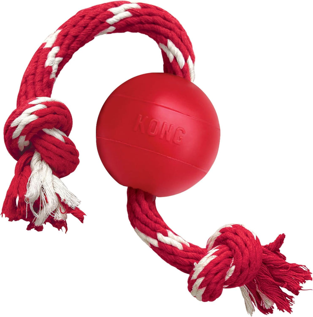 KONG Ball with Rope fetch toy, front view, ideal for daily play and easy throws.
