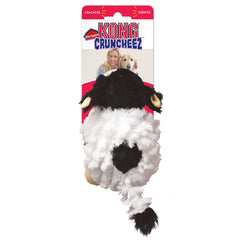 KONG Barnyard Cruncheez Cow rattle enhances interactive play.