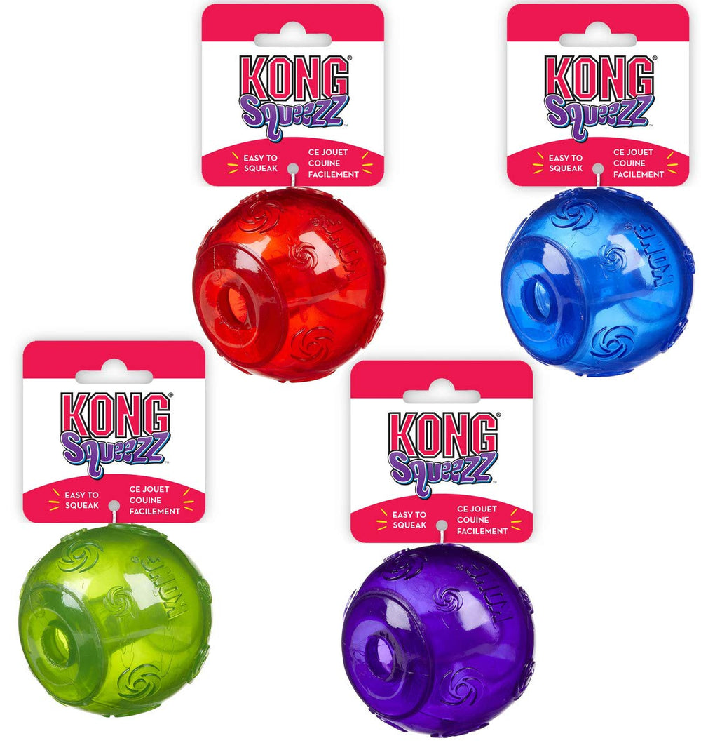 KONG Dog Squeezz Ball large 2-pack with recessed squeaker for interactive play.