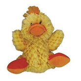KONG Duckie yellow plush material shows soft, mess-free cuddling.