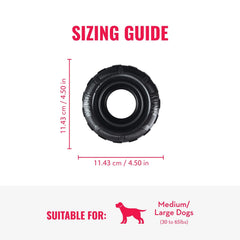 KONG Extreme Tires stuffed with snacks to extend playtime.
