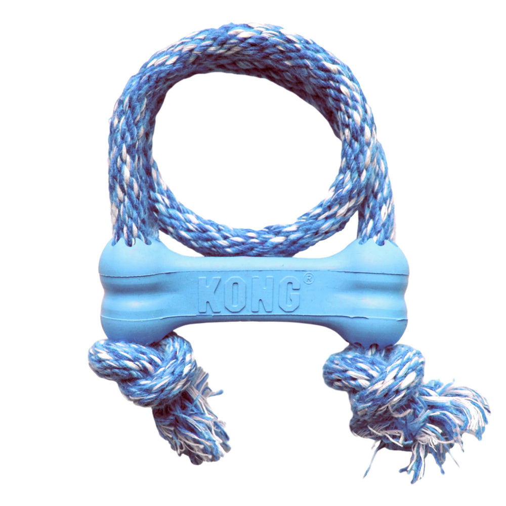 KONG Puppy Goodie Bone with Rope Blue front view for teething and chew play
